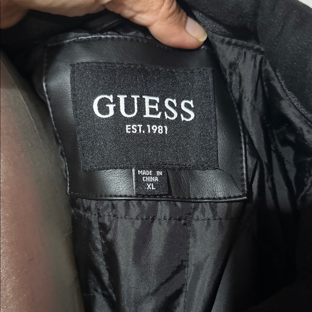 Guess Black Leather Bomber Jacket with Hood - Picture 5 of 5
